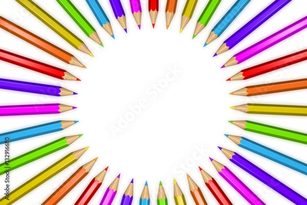 Fototapeta 3D rendered illustration of a ring of rainbow colored pencils creating a circle shape isolated over white background.