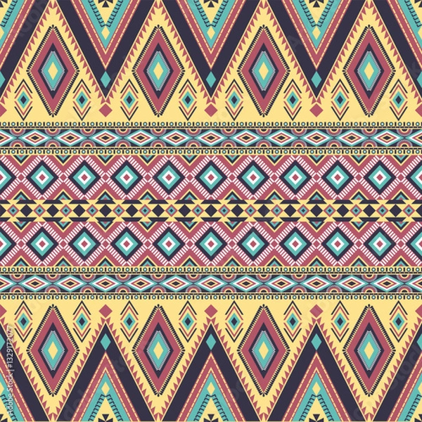 Fototapeta Abstract ethnic geometric texture pattern. Seamless pink and blue color of tribal abstract fabric textile on pastel yellow background