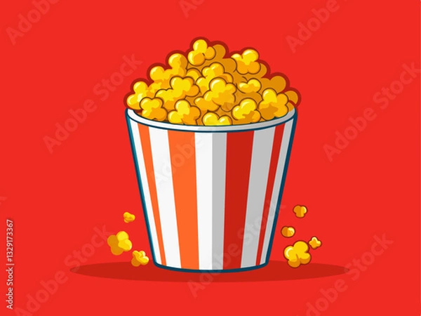 Obraz tub of buttered popcorn overflowing with golden kernels, on a vibrant red background.