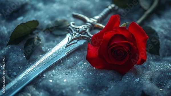 Obraz Stunning Red Rose and Silver Sword Composition for Creative Projects