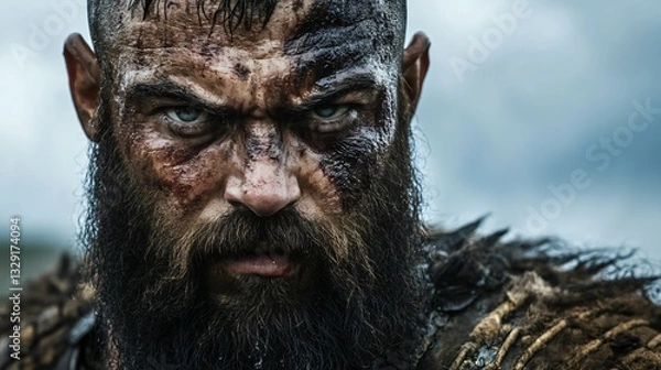 Fototapeta Strong Viking Warrior with Bold Beard in a Fierce Look Pose