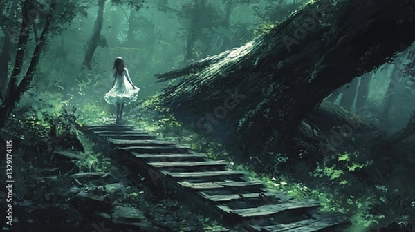 Obraz Mysterious Ghost Girl Climbing Wooden Stairs with Fallen Tree in Background