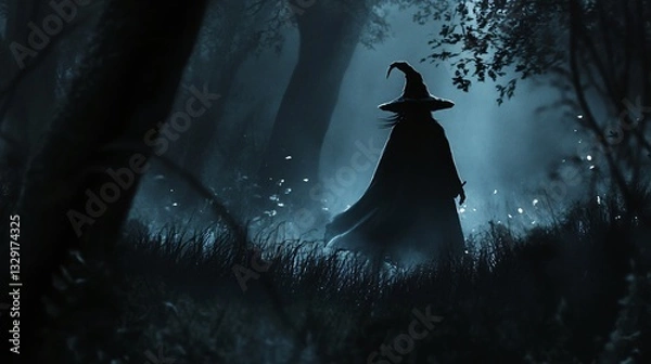 Obraz Enchanting Witch strolling through Eerie Forest at Night