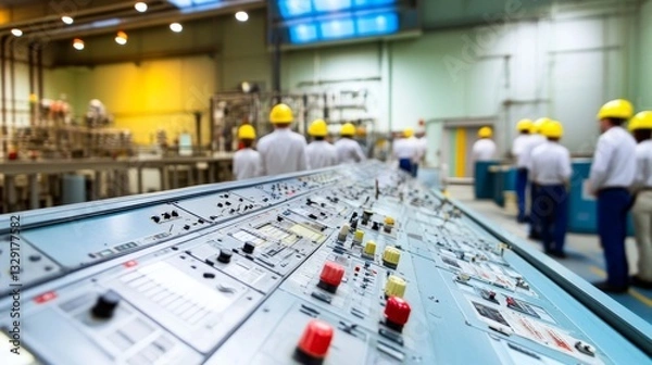 Fototapeta Workers observing control panel inside industrial plant building with machinery