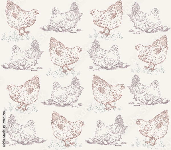 Fototapeta Chicken seamless pattern hand-drawn