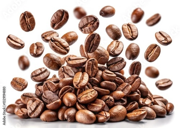 Fototapeta Crisp, high-resolution coffee bean photography; falling beans against a pure white background, with a clipping path provided.