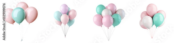 Fototapeta Assortment of pink white and teal pastel balloons floating together creating a cheerful and festive atmosphere for a party or