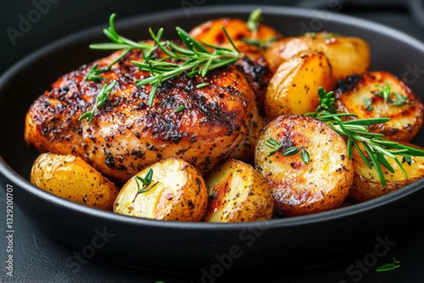 Obraz A minimal composition: the black dish frames the roasted chicken and potatoes on a neutral