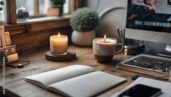 Fototapeta Cozy workspace featuring candles, coffee, and an open notebook during a quiet morning