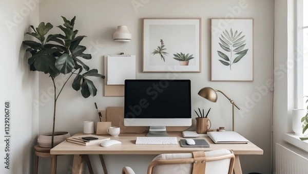 Fototapeta Modern home office setup with decorative plants, minimalist decor, and a sleek computer on a wooden desk