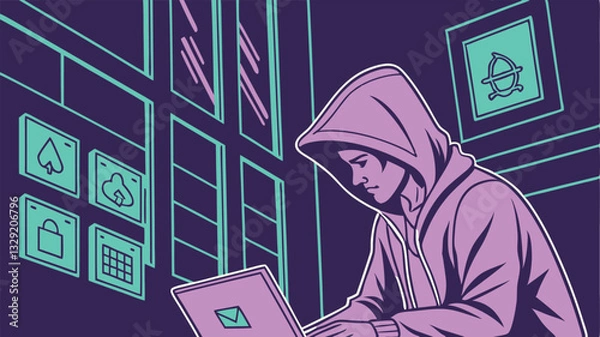 Fototapeta Futuristic Cyberpunk Hacker in a Neon-Lit Room – Digital Espionage Vector