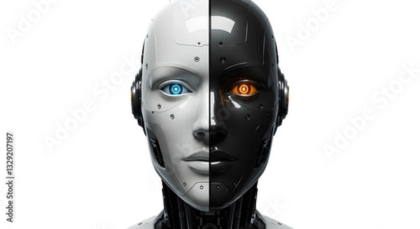 Fototapeta Artificial Intelligence Cyborg With Half-Human Face On Transparent Background
