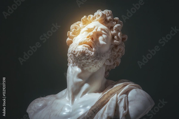 Fototapeta A classical marble sculpture of a robust man, illuminated by bold, directional lighting that