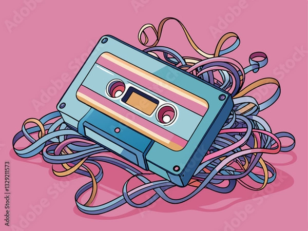 Fototapeta retro cassette tape with tangled tape spilling out, on a pastel pink background.