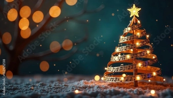 Fototapeta Music notes shaped as a Christmas tree, festive decoration , background, texture, colorful