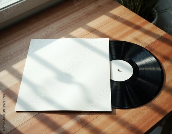 Fototapeta Vinyl record and blank cover mockup on wooden table in sunlight.