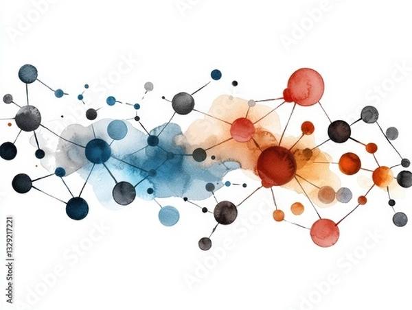 Fototapeta Abstract watercolor illustration of interconnected spheres and lines, depicting scientific and technological concepts.