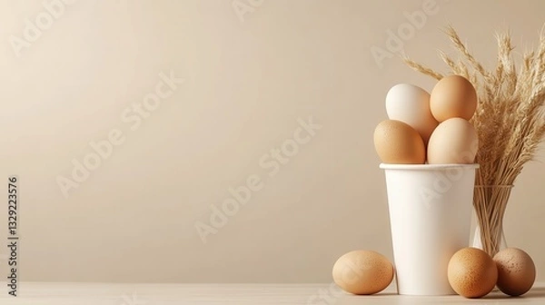 Fototapeta A creative display of eggs in a cup surrounded by wheat stems, capturing the essence of rustic charm and agricultural beauty in a serene, minimal composition.