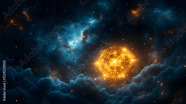 Fototapeta Glowing cosmic symbol floats amidst nebula clouds and stars.  Dark, mystical, ethereal