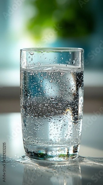 Fototapeta Refreshing glass of water with droplets glistening in the light for a pure and hydrating beverage experience