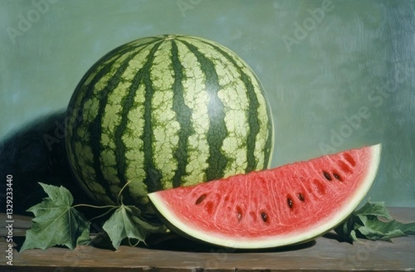 Obraz Watermelon and Slice Still Life on Wood Surface with Leaves