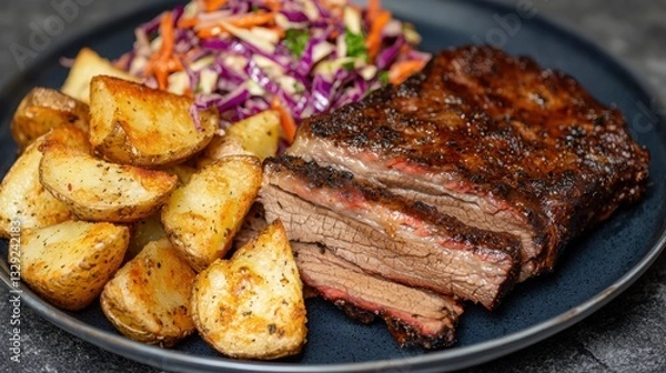 Obraz Chuck Brisket concept. Smoked brisket with homemade roasted potatoes and slaw