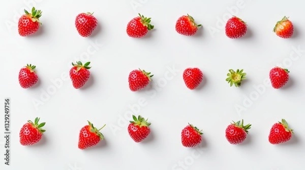 Obraz Scattered ripe red strawberries arranged neatly on a white background highlighting the fresh vibrant fruit with a minimalistic aesthetic for healthy food and nutrition concepts