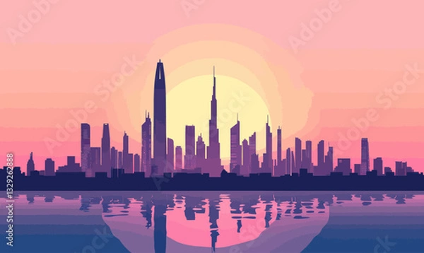 Fototapeta Sunset Dubai Skyline Minimalist Vector Illustration for Travel Inspiration