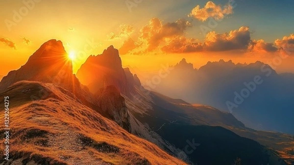 Fototapeta A majestic mountain range under a golden sunset sky, with soft clouds drifting above the peaks