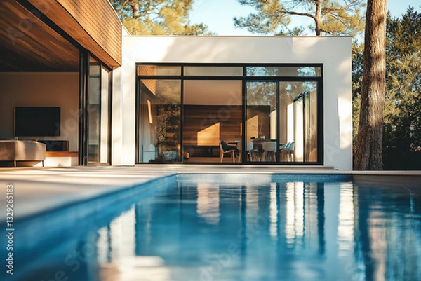 Obraz Luxury Modern Backyard with Minimalist Pool and Wooden Accents