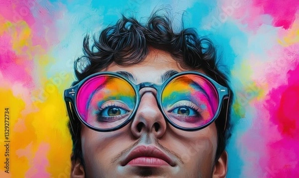 Fototapeta Intense gaze of a man through colorfully reflected glasses against a vibrant background.