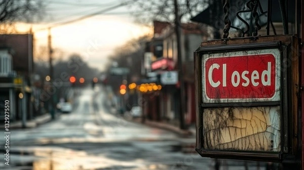Obraz Once vibrant street now sits quiet and deserted, marked by numerous closed signs on business doors, showcasing the impact of economic challenges on the community.