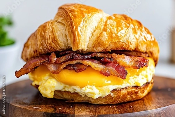 Fototapeta A breakfast sandwich featuring a soft croissant stuffed with scrambled eggs, crispy bacon, and cheddar cheese