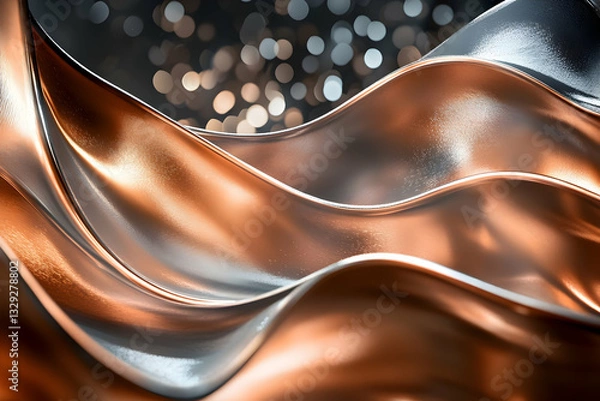 Fototapeta A photorealistic image of copper and rose gold waves with silver reflections, against an abstract dark background with bokeh lights.