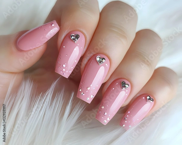 Fototapeta A delicate hand displays elegantly manicured pink nails adorned with sparkling silver hearts and shimmering glitter, exuding playful elegance.