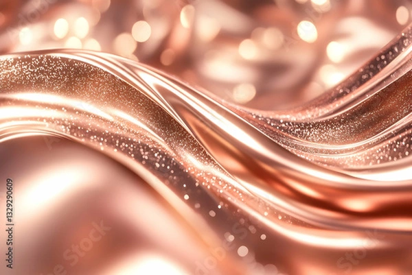 Fototapeta A photorealistic image of copper and rose gold waves with silver reflections, against an abstract dark background with bokeh lights