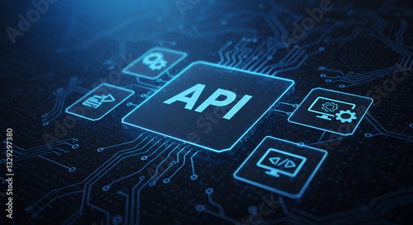 Obraz API Connection: Digital Interface, Data Transfer, Integration Technology, Software Development, Circuit Board, Innovation, Security