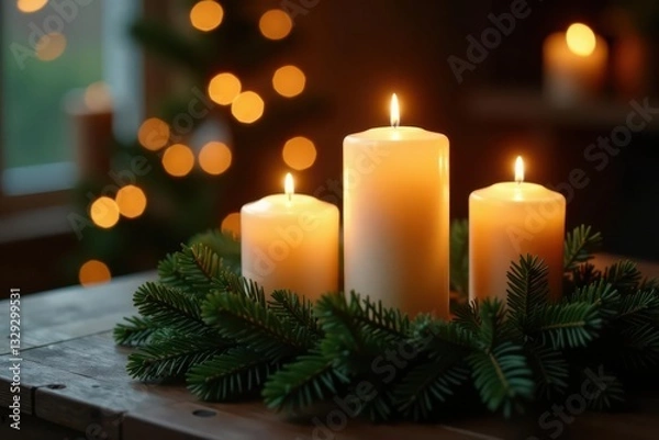 Obraz Elegant evergreen wreath, glowing bokeh Four candles, Christmas magic , xmas, background