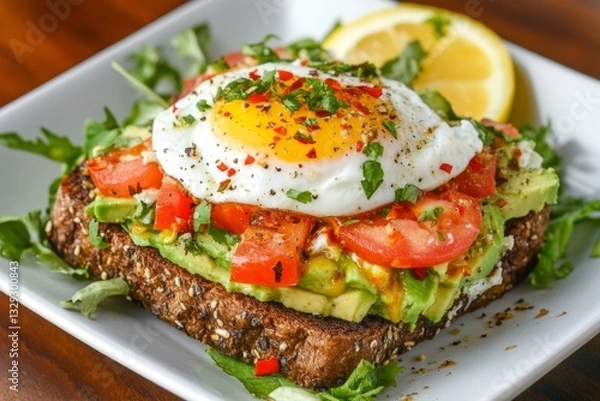 Fototapeta An open-faced sandwich with rye bread, avocado, poached egg, and chili flakes, served with a lemon wedge