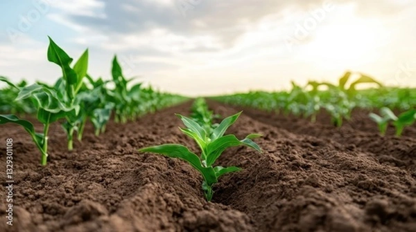 Fototapeta A close-up view of a single corn plant emerging from freshly tilled soil, highlighting the resilience of nature as it begins its journey towards growth and sustenance.