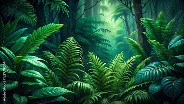 Fototapeta Closeup of green fern leaves with lush foliage and tropical textures in a vibrant natural setting