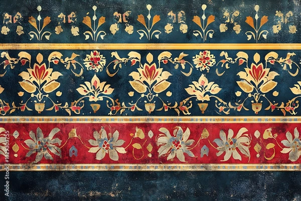 Obraz Traditional geometric ethnic borders and floral Mughal art elements combined for vintage textile designs --ar 3:2 - Image #1 @Celeste