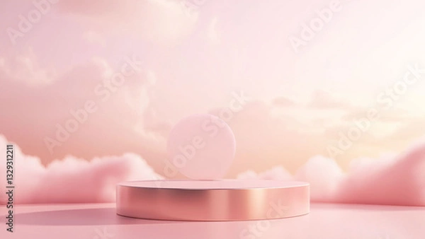Fototapeta A podium Soft pink clouds cradle a rose gold pedestal in a dreamy, ethereal scene.