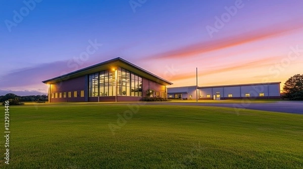 Fototapeta Modern industrial building at sunset with vibrant sky and well-maintained lawn in foreground