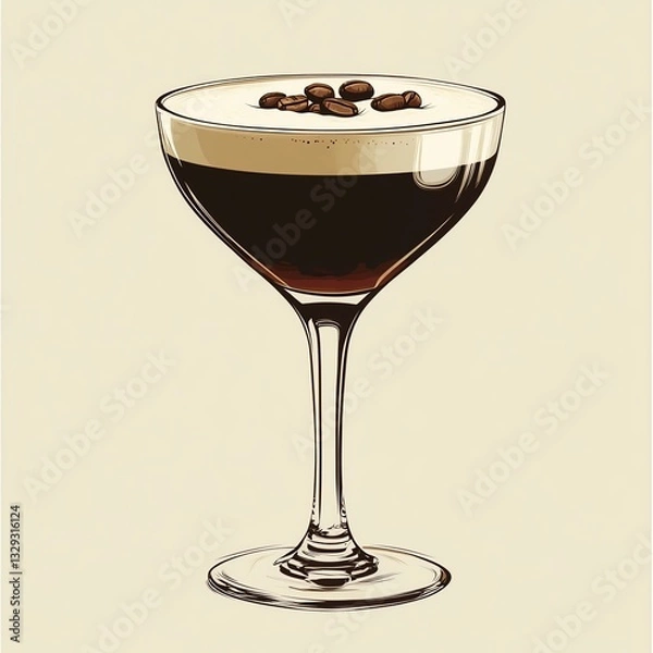 Fototapeta Stylized illustration of an espresso martini in a coupe glass, topped with coffee beans, set against a neutral background.