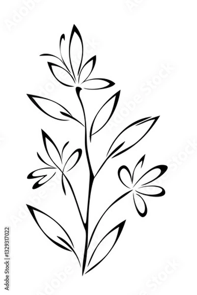 Fototapeta decorative twig with stylized flowers and leaves; graphic design