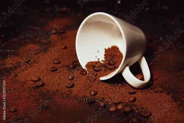 Obraz Dark temptation. coffee beans and ground coffee on the table and a white cup lying sideways