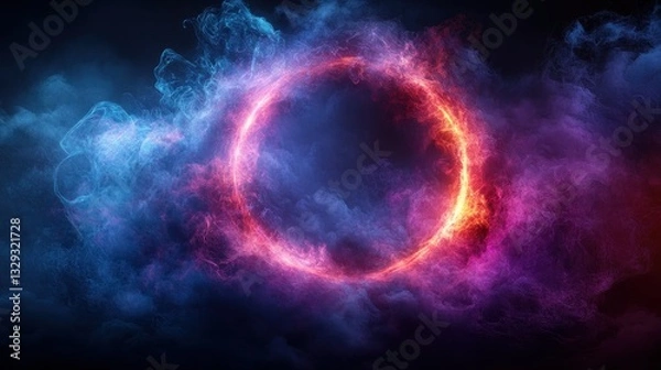 Fototapeta Circular fiery neon ring in smoky clouds