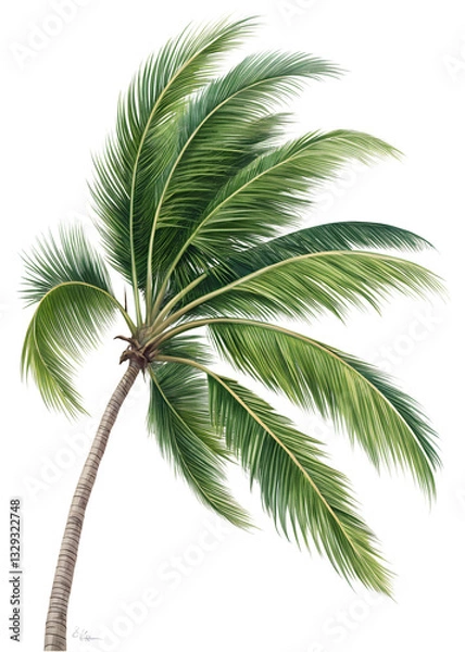 Fototapeta Tropical coconut palm tree leaves gently sway in the breeze, capturing the essence of a serene beach atmosphere PNG   transparent stickers,