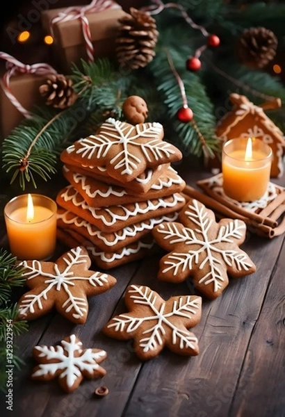 Fototapeta The image shows a wooden table with a stack of gingerbread cookies in the shape of snowflakes. The cookies are arranged in a neat stack and are decorated with white icing. There are two orange candles